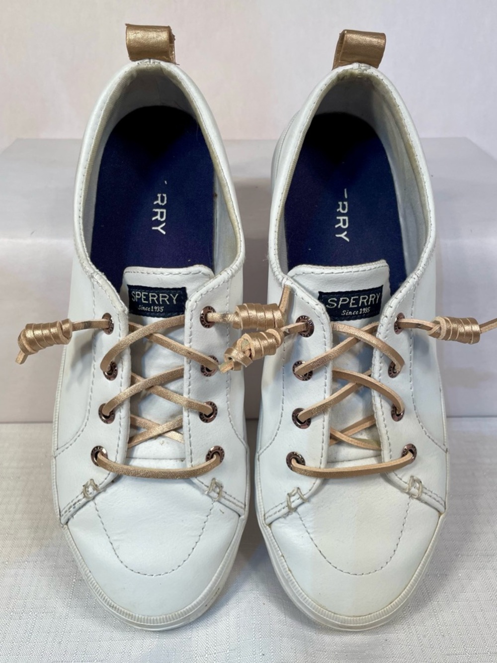 Sperry Women’s White Leather Sneakers with Rose Gold Accents